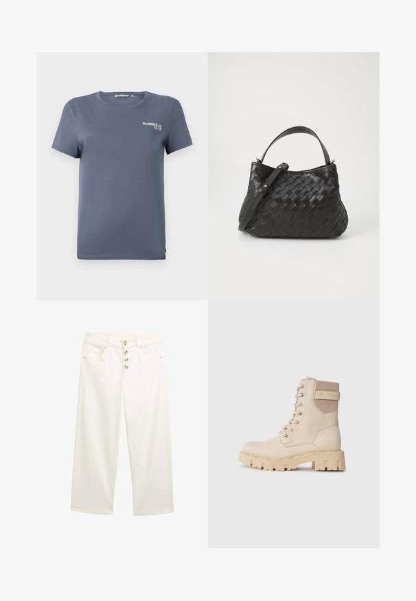 Modra bombažna majica s kratkimi rokavi, okroglega izreza in majhnim grafičnim napisom "SUMMER CLUB" na levi strani. Gladka tekstura, običajen kroj.; Beli široki traper hlače z odločnimi gumbi, sprednjimi žepi in gladko teksturo. Naravne nogavice s čistimi robovi in subtilnimi šivi.; Bež škornji do gležnjev z vezalkami, narejeni iz gladkega usnja z texturnim tekstilnim poudarkom, ki imajo debel, robusten podplat in podrobnost z logotipom.; Črna pletena usnjena torbica za roke zaobljene oblike, opremljena z zgornjim ročajem in snemljivim paskom. Gladka tekstura in subtilni detajli šivanja.