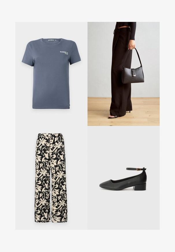 Zila kokvilnas t-krekls ar īsām piedurknēm, apaļu dekoltē un mazu "SUMMER CLUB" grafiku kreisajā pusē. Gluda tekstūra, regulāra piegriezuma.; Melni platie bikses ar krēmkrāsas ziedu rakstu. Izgatavotas no viegla auduma, kuram ir gluda tekstūra un augsta jostasvietas daļa.; Melnas ādas sūkņi ar smailu purngalu un zemu bloku papēdi. Iezīmēts ar potītes siksniņu ar zelta krāsas sprādzi. Gluda tekstūra.; Melnā somiņa ar strukturētu formu, gludu tekstūru un metālu sprādzi. Saskaņota ar platām melnām biksēm un sandālēm ar atvērtu purngalu uz koka grīdas.