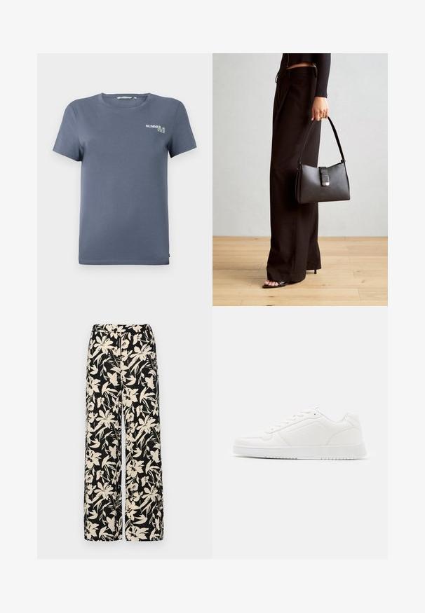 Blue cotton t-shirt with short sleeves, round neckline, and a small "SUMMER CLUB" graphic on the left side. Smooth texture, regular fit.; Black wide-leg pants with a cream floral pattern. Made of lightweight fabric, featuring a smooth texture and a high waistband.; White sneaker made of smooth synthetic material, featuring a rounded toe, lace-up design, flat sole, and subtle perforated detailing.; Black handbag with structured shape, smooth texture, and a metallic clasp. Paired with wide black pants and open-toe sandals on wooden floor.