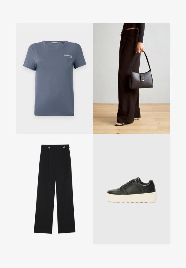 Sinine puuvillane T-särk lühikeste varrukatega, ümmargune kaelus ja väike "SUVEKLUBI" graafika vasakul küljel. Sile tekstuur, tavaline lõige.; Mustad laiad püksid kõrge vöökoha ja nööpdetailidega vööandil, esikortsudega.; Must musta sneaker sileda, millel on sujuv tekstuur, paks kreemikaalane tald, ümmargune varvas ja klassikaline paelaga disain. Õrnad õmblusdetailid.; Must musta kott, millel on struktureeritud kuju, sile tekstuur ja metallist klamber. Kombineeritud laiate mustade pükstega ja avatud varvaste sandaalidega puidust põrandal.