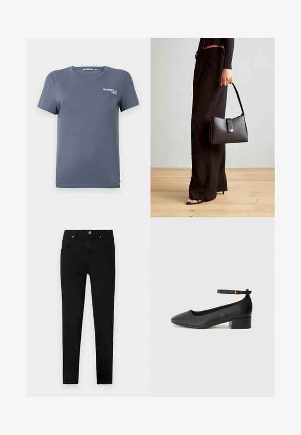 Sinine puuvillane T-särk lühikeste varrukatega, ümmargune kaelus ja väike "SUVEKLUBI" graafika vasakul küljel. Sile tekstuur, tavaline lõige.; Mustad denim teksad kitsas lõikes, esi nööpide sulgemisega, vöötlukudega ja klassikalise viie tasku disainiga. Sile tekstuur.; Must mustaapp, millel on terav nina ja madal blokk-kand. Omab pahkluu rihma koos kuldse tooni pandlaga. Sile tekstuur.; Must musta kott, millel on struktureeritud kuju, sile tekstuur ja metallist klamber. Kombineeritud laiate mustade pükstega ja avatud varvaste sandaalidega puidust põrandal.
