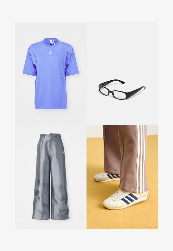 adidas Originals TEE - Paprasti marškinėliai - blue; Plačios kelnės iš blizgaus pilko medžiagos, su baltomis šoninėmis juostelėmis ir liepsnos raštu apatinėje dalyje. Mygtuko ir užtrauktuko uždarymas juosmens srityje.; Kreminės sportinės bateliai su mėlynos nubuko juostelėmis, baltos raišteliais ir guminėmis padangomis. Sukomplektuota su pilkomis sportinėmis kelnėmis, turinčiomis baltas šonines juosteles.; Juodi stačiakampiai akinių rėmeliai su skaidriais lęšiais. Blizgus paviršius, siauri šonai ir purpurinis atspalvis, matomas lęšių pakraščiuose.