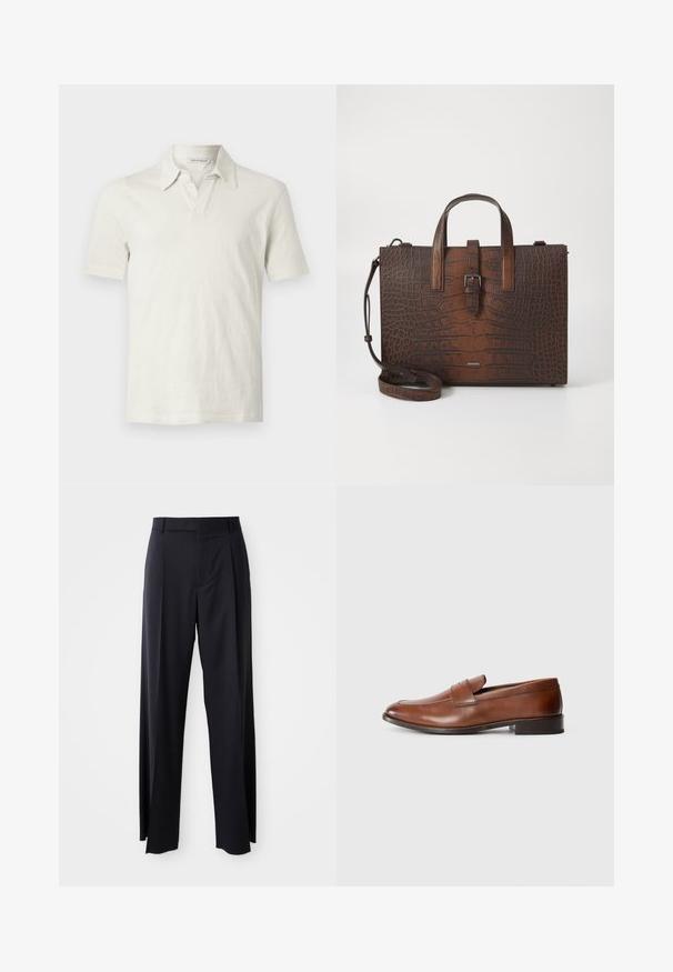 Lys beige polo-shirt i blødt, tekstureret stof. Har en klassisk krave og en delvis knaplukning. Korte ærmer med en afslappet pasform.; Sorte, højtaljede bukser med vide ben, lavet af glat stof. Har frontfolder og bæltestropper. Minimalistisk design, ingen synlige hårde detaljer.; Brune læder loafers med rund tå, minimal syning og en lav blokhæl. Har en dekorativrem over vristen.; Brun krokodillede lædertaske med topstænger og en aftagelig skulderrem. Har en spænde lukkefunktion og rektangulær form.