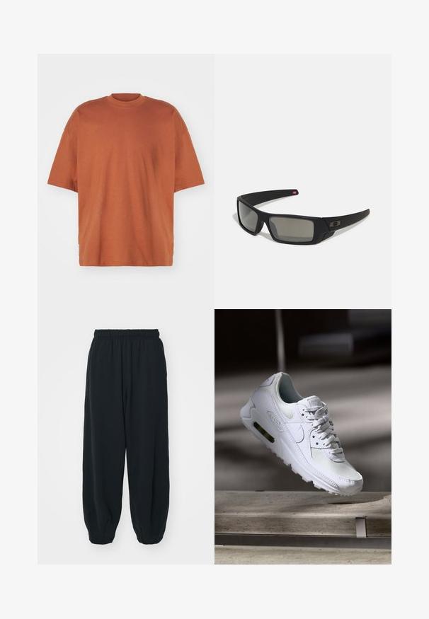 Brūns pārspīlēts t-krekls ar apaļu kaklu, īsām piedurknēm un gludu tekstūru. Iezīmē taisnu apakšmali un smalkus šuvju elementus.; Melnas sporta bikses ar elastīgu jostasvietu, brīvu piegriezumu, aprocēm ap potītēm, gludu tekstūru, un bez redzamām rakstu vai aparatūras akcentiem.; Baltas Nike Air Max 90 sporta apavi ar sietu un ādas augšdaļu, caurspīdīgu pirksta daļu un redzamu gaisa vienību papēdī.; Melni saulesbrilles ar matētu apdari, taisnstūra lēcām, nedaudz izliektiem tempļiem, smalkiem logotipa elementiem un dūmu nokrāsas lēcām.
