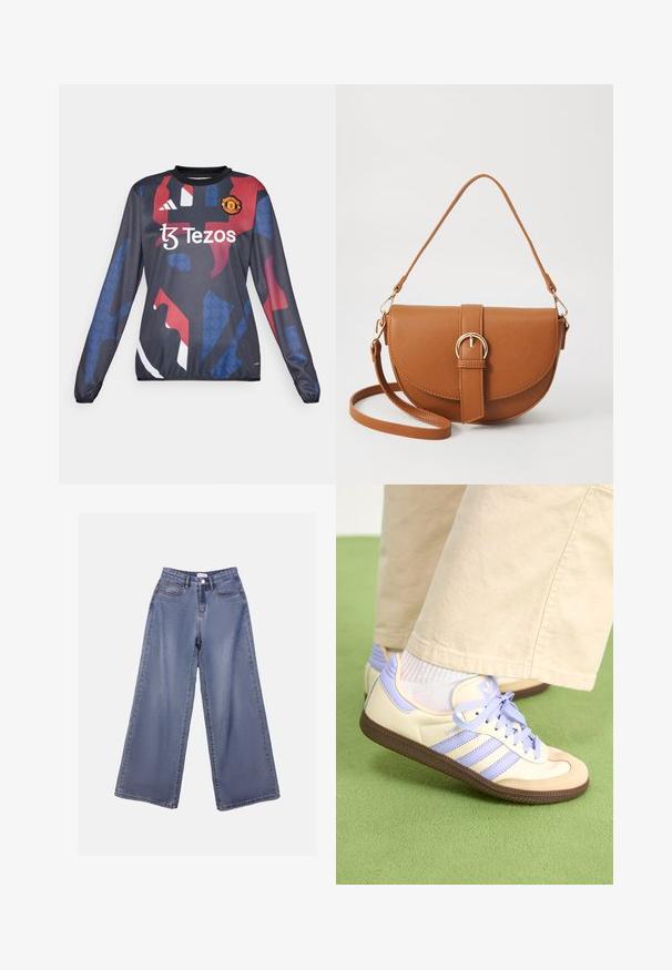 Langermet sportstrøye i mørk marineblå med abstrakte røde og blå mønstre, med Manchester United-logoet og "Tezos" merkevare på fronten.; Bredde ben jeans i lys blå vask, med høy livhøyde, frontlommer og knappelukking med beltehemper.; Kremfargede og lavendelfargede joggesko med tre striper og en teksturert brun såle, med lisser og en polstret hæl. Mykt stofføvre.; Brun lærcrossbody-veske med en buet form, gullhardware og et spenneakcent. Har en avtakbar skulderreim.