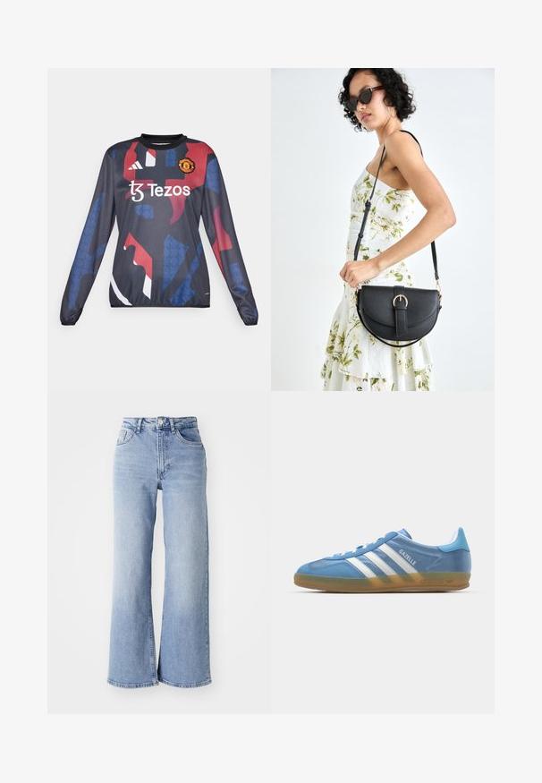 Langermet sportstrøye i mørk marineblå med abstrakte røde og blå mønstre, med Manchester United-logoet og "Tezos" merkevare på fronten.; Lyseblå høyt liv vide jeans med front- og baklommer, knappelukking og subtile falminger på lårene og kanten.; adidas Originals GAZELLE INDOOR - Joggesko - footwear white; Svart lærveske med en buet form, avtagbar stropp og gullbeslag. Vesken har et klaff med spenne-detall.