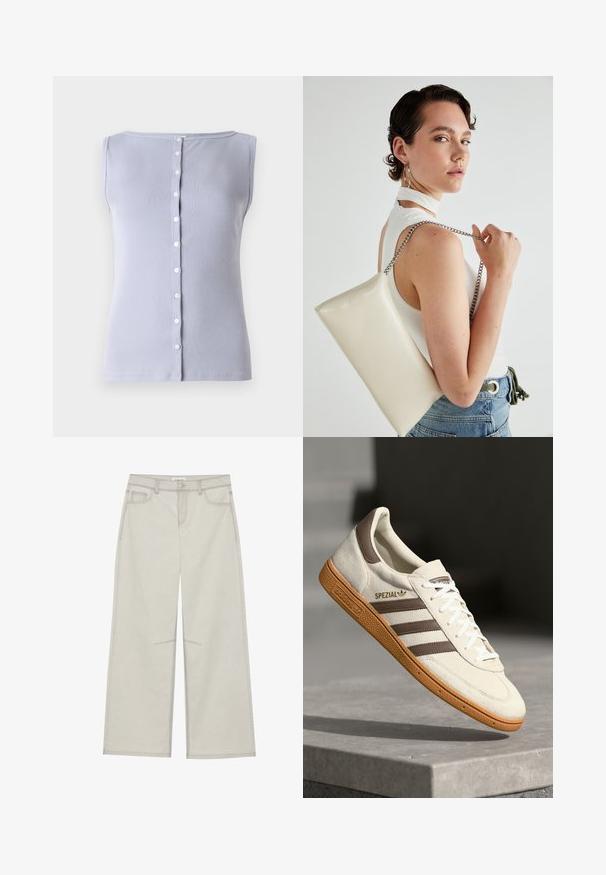 Top fără mâneci de culoare lila deschis, cu un guler rotund și un închidere cu butoane, având șapte butoane mici albe.; Pantaloni gri deschis cu picioare largi, dotati cu cinci buzunare, închidere frontală cu buton și cusături în contrast pe căptușeală. Materialul pare a fi moale și durabil.; Sneaker din suede alb cu accente din piele maro, trei dungi maro și șireturi albe. Dispune de o talpă din cauciuc texturat și logo-ul auriu "SPEZIAL".; Geantă de clutch rectangulară albă, realizată dintr-un material lucios, având o curea de lanț argintie. Modelul pozează, evidențiind geanta pe un fundal simplu.