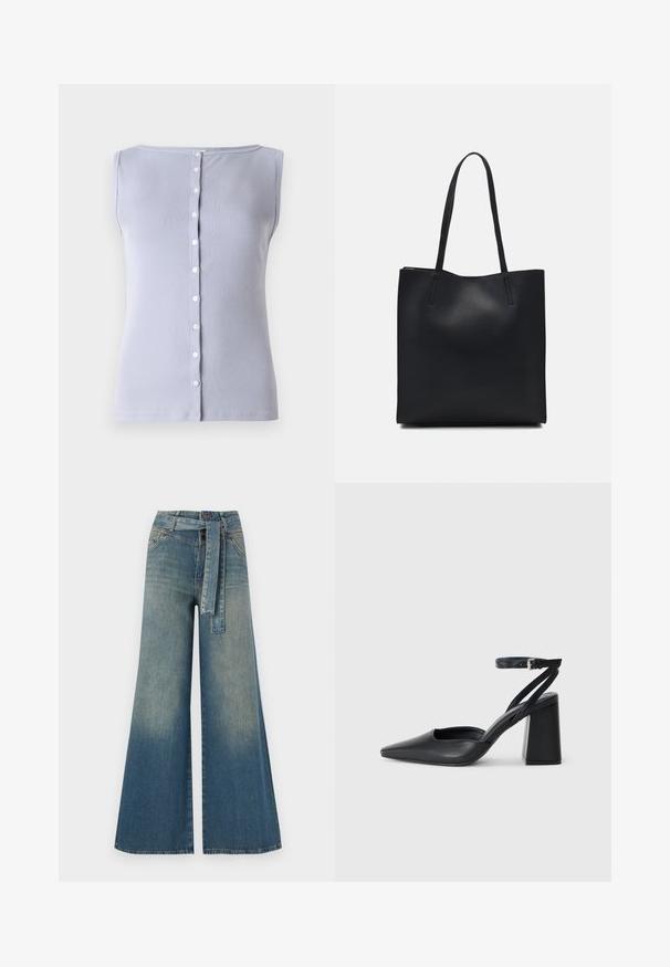 Top senza maniche ribbed color lilla chiaro con scollatura rotonda e frontale con bottoni, caratterizzato da sette piccoli bottoni bianchi.; Pantaloni in denim a gamba larga con una sfumatura che va dal blu chiaro al blu scuro, vita alta, passanti per cintura e una cintura in tessuto coordinato. Finitura in denim strutturato.; Pump in pelle nera con punta affusolata, cinturino alla caviglia e tacco spesso. Texture piatta, design elegante ed estetica minimalista.; Borsa tote in pelle nera con texture liscia, forma rettangolare e due manici lunghi. Nessun hardware o decorazione visibile.