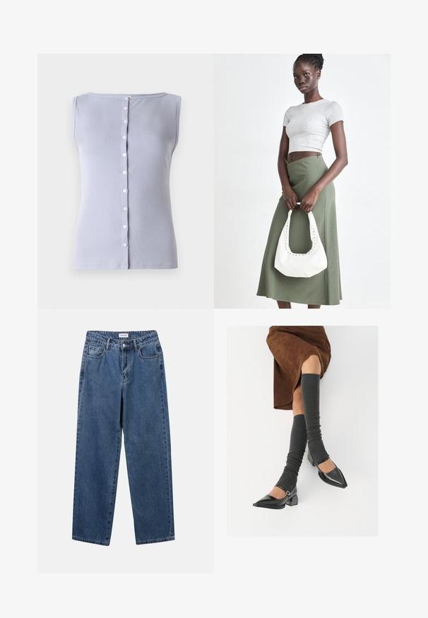 Haut sans manches en ribbed de couleur violet clair avec un col rond et un devant à boutons comportant sept petits boutons blancs.; Jean en denim bleu classique avec une coupe droite, cinq poches et une fermeture par bouton. Présente un lavage moyen et une texture robuste.; Chaussures à bout pointu en cuir verni noir avec un talon bloc et une bride à la cheville, accompagnées de jambières en maille grise et d'une jupe en daim marron.; Top court rayé gris et jupe taille haute verte olive. Le mannequin tient un sac à bandoulière blanc avec des découpes. Design simple, silhouette ajustée.