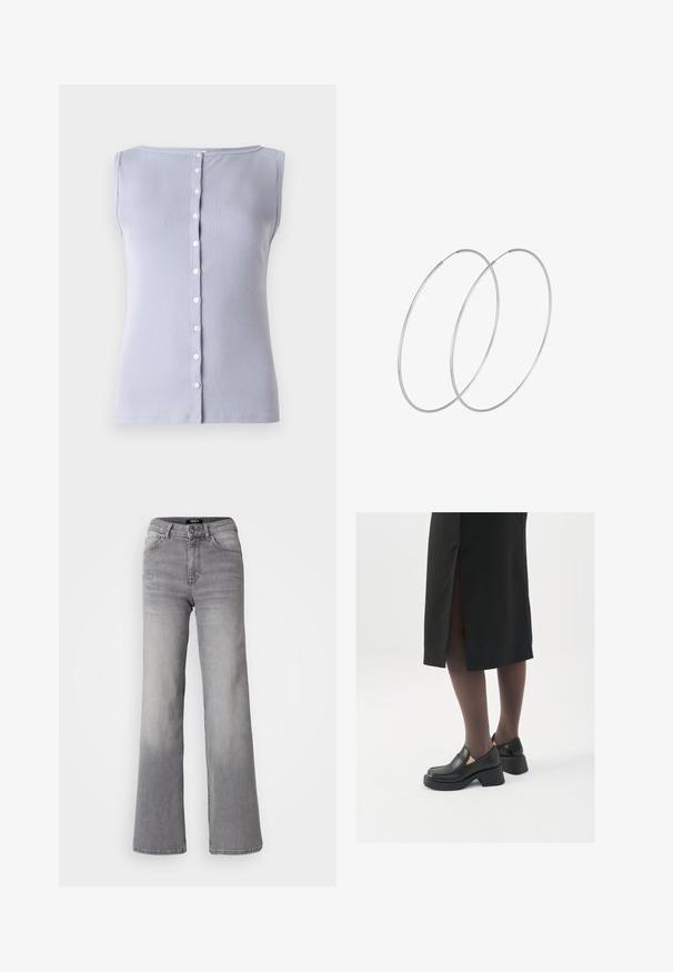 Svijetloplavi rebrasti bezrukavnik s okruglim izrezom i prednjim kopčanjem na gumbe s ukupno sedam malih bijelih gumba.; Sive traperice visokog struka ravnog kroja, s prednjim gumbom i patentnim zatvaračem, prednjim i stražnjim džepovima te izblijedjelim nijansama na bedrima i listovima.; Crne kožne cipele s zaobljenim vrhom, debelim blok petama i elastičnim bočnim detaljima, uparene s tamnim čarapama i crnom suknjom s prorezom.; Srebrne okrugle naušnice s minimalističkim dizajnom. Kružni oblik, glatka tekstura i tanak profil. Lagane s poliranim završetkom.