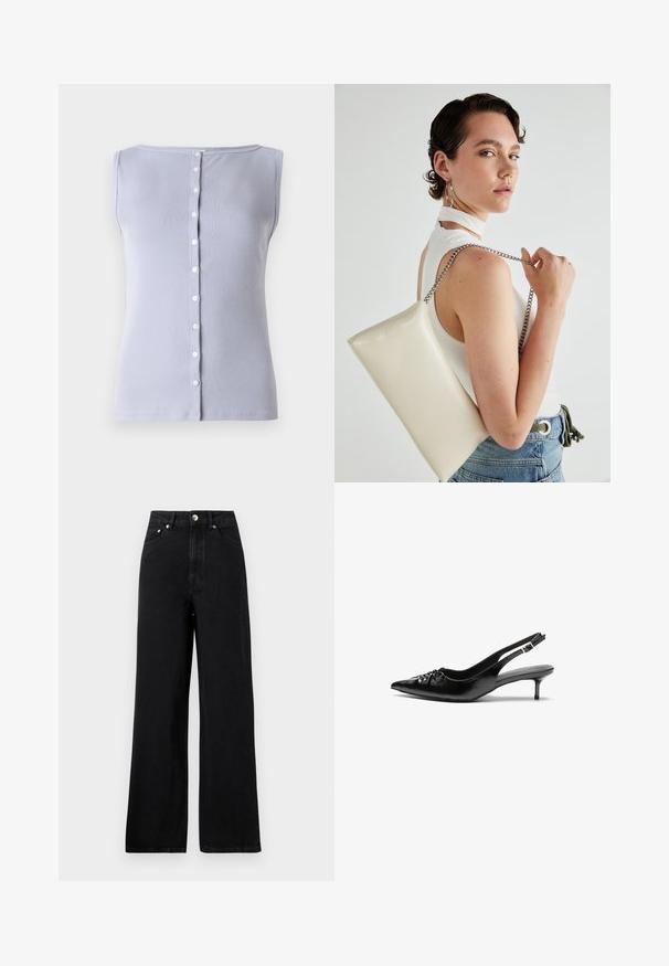 Pilkšvai purpurinė juostelėmis be rankovių palaidinė su apvaliu kaklu ir mygtukų užsegimu priekyje, turinti septynis mažus baltus mygtukus.; Aukštai liemeni juodos džinsinės kelnės su plačiais kojų kirpimais, turinčios penkias kišenes ir sidabrinės spalvos detales. Bendras paviršius lygus.; Juodos odinės slingback aukštakulniai su smailiu nosiu, mažais katės kulnais ir dekoratyvine mazgo detale priekyje. Visas paviršius lygus.; Balta, stačiakampio formos rankinė pagaminta iš blizgaus medžiagos, su sidabriniu virvute. Modelis pozavo, demonstruodamas rankinę prieš paprastą foną.