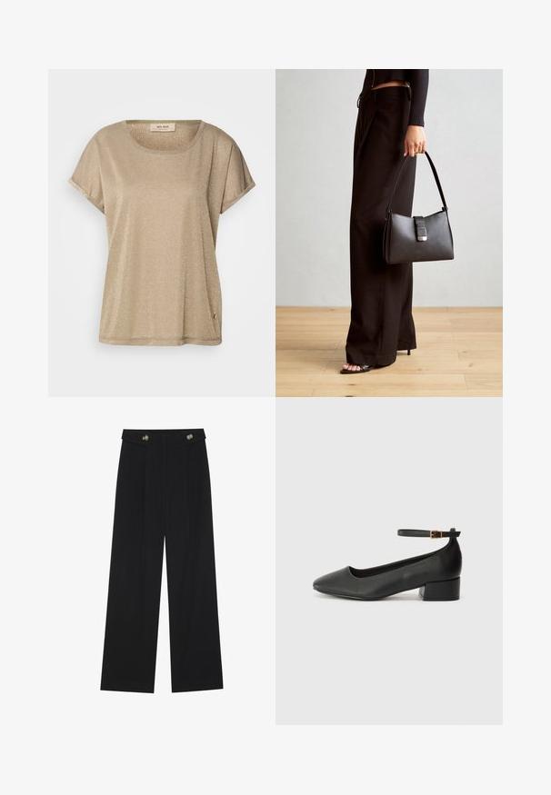 Mos Mosh TEE - Print T-shirt - mermaid; Black wide-leg trousers with high waist, button details on waistband, and front pleats.; Black leather pump with a pointed toe and a low block heel. Features an ankle strap with a gold-tone buckle. Smooth texture.; Black handbag with structured shape, smooth texture, and a metallic clasp. Paired with wide black pants and open-toe sandals on wooden floor.