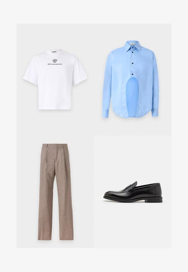 Tricou alb cu mânecă scurtă, fabricat din bumbac, având un guler rotund și un print grafic negru al unei fețe și al numelui brandului pe față.; Cămașă albastru deschis cu mâneci lungi, guler ascuțit, nasturi negri și o decupare unică în față pentru un design distinctiv.; Pantaloni bej, cu talie înaltă, dintr-un material texturat. Prezintă picioare late și două pliseuri frontale pentru structură. Finisaj îngrijit, fără accesorii vizibile.; Mocasini din piele neagră cu o textură netedă, vârf rotund și o curea decorativă peste partea superioară. Toc mic, design minimalist.