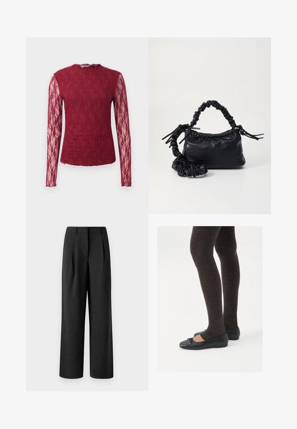 Bluză din dantelă burgundă cu mâneci lungi, cu mâneci transparente, model floral și guler rotund, pe un fundal simplu.; Pantaloni negri cu picioare largi, dintr-un material texturat, cu plisuri frontale și un talie croită, concepuți pentru o croială lejeră.; Pantofi negri cu un detaliu mic de fundiță la vârf, asortați cu colanți maro închis, cu textură ondulată. Pantofii au o textură netedă și un profil joase.; Geantă din faux leather neagră cu textură de crocodil, cu partea superioară strânsă și o curea mototolită. Pare moale și compactă ca design.