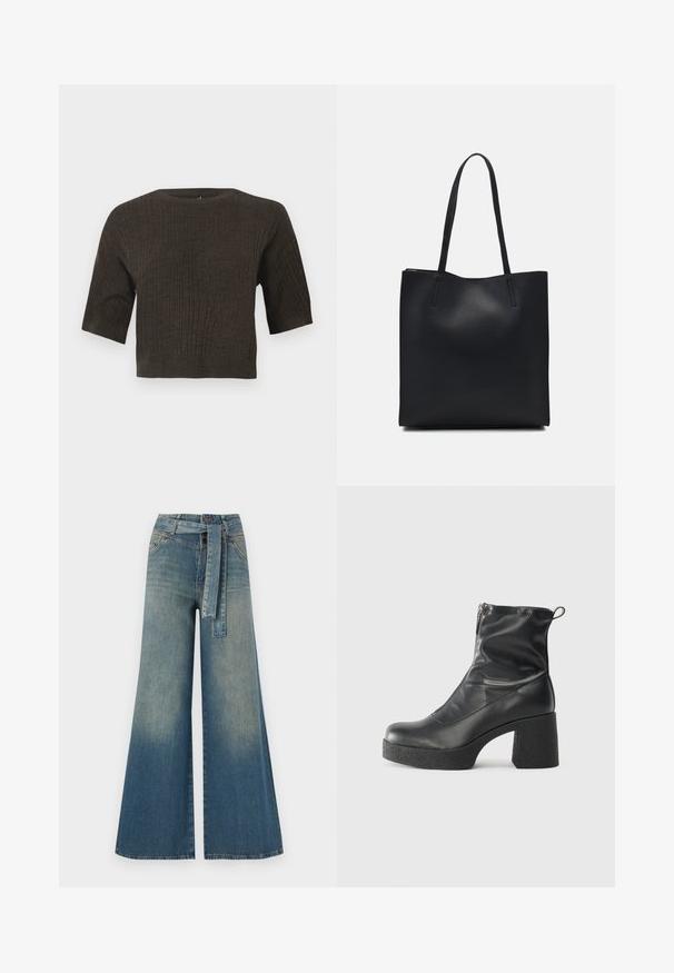 Brown ribbed knit top with short sleeves, round neckline, and cropped design. Textured fabric highlights vertical lines throughout.; Wide-leg denim trousers featuring a light to dark blue gradient, high waist, belt loops, and a matching fabric belt. Textured denim finish.; Black ankle boots made of smooth leather, featuring a side zipper, chunky textured heel, and rounded toe design.; Black leather tote bag with smooth texture, rectangular shape, and two long handles. No visible hardware or embellishments.