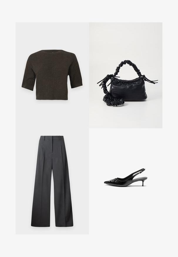 Brown ribbed knit top with short sleeves, round neckline, and cropped design. Textured fabric highlights vertical lines throughout.; Wide-leg trousers in dark gray fabric, featuring a high waist, single pleats, and a smooth texture with a clean finish at the hems.; Black leather slingback heels with a pointed toe, small kitten heel, and a decorative knot detail on the front. Smooth texture throughout.; Black faux leather handbag with a crocodile texture, cinched top, and a scrunched strap. Appears soft and compact in design.