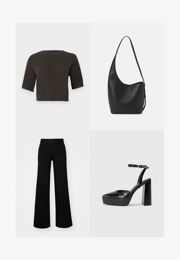 Top tricotat cu nervuri maronii, cu mâneci scurte, decolteu rotund și croială scurtă. Materialul texturat evidențiază liniile verticale din întreaga construcție.; Pantaloni negri cu picioare largi, din denim, cu un brau structurat, bucle pentru curea și buzunare frontale. Textură netedă, cu un design clasic.; Pantofi cu toc platformă negri, cu vârful ascuțit și curea reglabilă la gleznă. Confecționați din piele netedă, având un toc gros.; Geantă hobo din piele neagră, cu o textură netedă, formă curbată și un singur bretele ajustabil; are o deschidere largă în partea de sus.