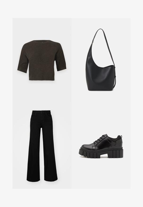 Top tricotado em malha castanha, com mangas curtas, gola redonda e desenho cropped. O tecido texturizado destaca linhas verticais por toda a peça.; Calças largas pretas em denim, com uma cintura estruturada, passantes para cinto e bolsos frontais. Textura suave com um design clássico.; Sapatos de plataforma em couro preto com um salto bloco robusto, bico redondo e design clássico de atacadores. Apresentam uma textura suave e detalhes mínimos.; Saco hobo preto em pele com uma textura lisa, forma curva e uma única alça ajustável; apresenta uma abertura larga na parte de cima.