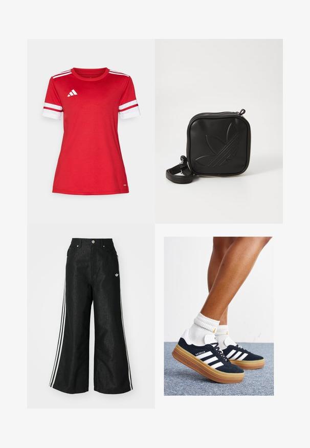 Crvena sportska majica od mekog materijala, sa bijelim prugama na kratkim rukavima, okruglim izrezom i adidas logotipom na lijevoj strani grudi.; Crne široke traper hlače s tri bijele pruge sa svake strane i malim bijelim logom. Ima prednje džepove i preklop s gumbom.; Crne tenisice od brušene kože s bijelim prugama i detaljima, okruglim vrhom, gumeni potplat boje gume, uparene s bijelim rebrastim čarapama.; Crna kvadratna torbica preko tijela napravljena od teksturiranog sintetičkog materijala. Ima urezani dizajn logotipa i podesivu traku. Zatvaranje na patentni zatvarač.