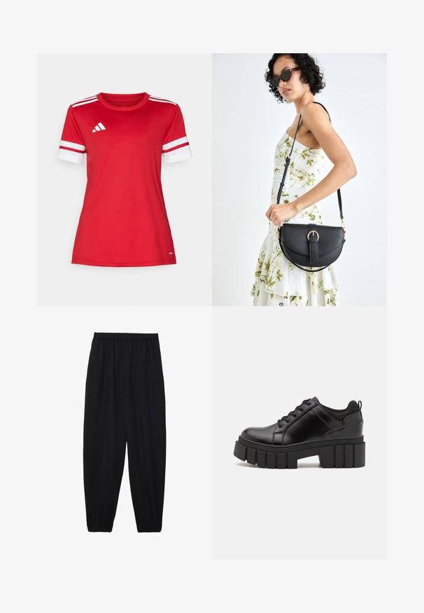 Röd sporttröja i mjukt tyg, med vita ränder på korta ärmar, rundad hals och en adidas-logotyp på vänster bröst.; Svarta, lätta byxor med elastisk midja och samlade ankleder. Tyget är slätt och har en avslappnad, avsmalnande design.; Svarta läderplattformsskor med en kraftig blockklack, rund tå och traditionell snörningsdesign. Har en slät textur och minimal detaljering.; Svart läderhandväska med en böjd form, avtagbar rem och guldiga detaljer. Väskan har ett lock med en spänndetalj.