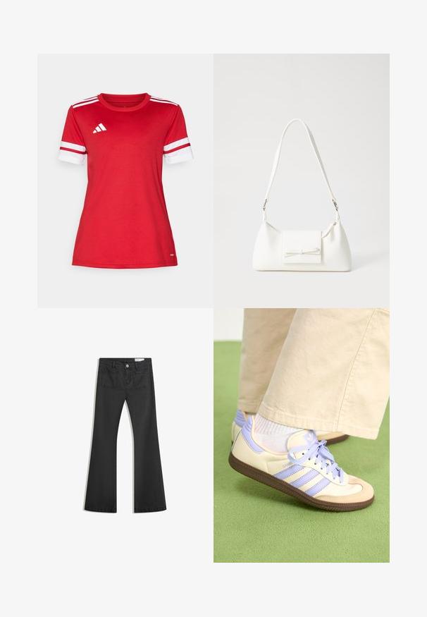 Tricou sportiv roșu dintr-un material moale, cu dungi albe pe mânecile scurte, guler rotund și logo-ul adidas pe partea stângă a pieptului.; Blugi negri evazați din denim cu o textură netedă, având două buzunare la spate și închidere cu buton la talie.; Adidași crem și lavandă cu trei dungi și o talpă texturată maro, având șireturi și un călcâi căptușit. Superior din material moale.; Geantă sintetică albă, cu formă triangulară, capac frontal plat și detaliu cu fundă, curea ajustabilă, textură netedă și design minimalist.