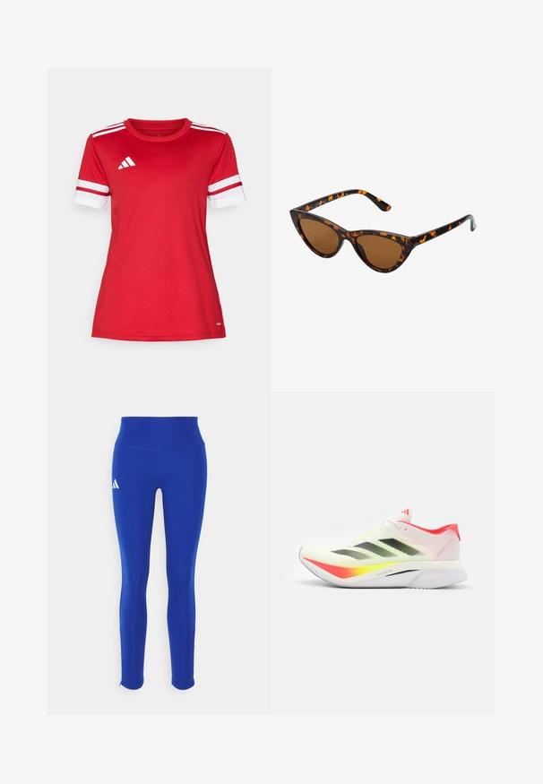 Crvena sportska majica od mekog materijala, sa bijelim prugama na kratkim rukavima, okruglim izrezom i adidas logotipom na lijevoj strani grudi.; Plave atletske tajice s visokim strukom, izrađene od rastezljivog materijala, s bijelim logotipom na lijevom boku i suptilnim rubovima.; Trkačka cipela s laganim bijelim mrežastim gornjim dijelom s crnim prugama, neonsko žutim akcentima, ružičastom petom i zakrivljenim bijelim potplatom.; Sunglasses u obliku mačjih očiju s okvirom u crno-narančastom kornjačevom uzorku, smešnim lećama i elegatnim, šiljastim vrhovima. Sadrži minimalni logo na dršci.
