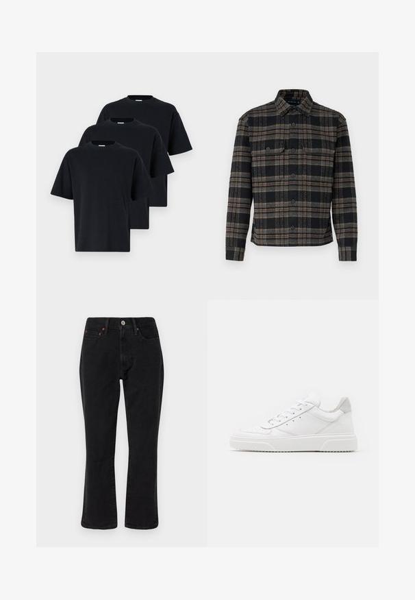 Tres camisetas de algodón negras presentan un cuello redondo clásico, mangas cortas y un corte relajado, mostrando una textura suave y sólida.; Chaqueta de cuadros en negro y gris con cuello tipo solapa, cierre de botones en la parte delantera y dos bolsillos en el pecho. Fabricada con un tejido texturizado.; Jeans de mezclilla negra con un diseño de pierna recta, estilo de cinco bolsillos, y herrajes metálicos con acentos de cobre. Textura suave y tiro medio.; Zapatillas de cuero blanca con un acabado suave, punta redondeada, cordones planos y una suela texturada. Acento de ante gris en el talón.