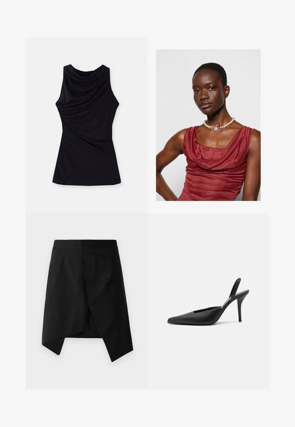 Sort ærmeløs top med en draperet halsudskæring og blødt, strækbart stof med en flydende pasform. Enkel design uden yderligere mønstre eller detaljer.; Sort asymmetrisk nederdel med en glat tekstur, der har en skarp, trekantet kant og minimalisisk design. Flad talje, ingen synlig hardware.; Sorte slingback høje sko med spidse tæer, glat lædermateriale og et elegant, minimalistisk design. Høj stiletto hæl.; Kjole med krave, dyb rød farve og en glat tekstur. Har en perlekæde med en dekorativ sølvaccent i midten.