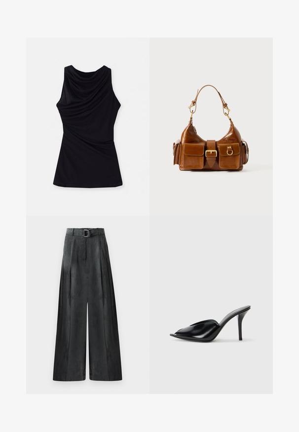 Czarny top bez rękawów z drapowanym dekoltem oraz miękkim, elastycznym materiałem, który dobrze się układa. Prosty design bez dodatkowych wzorów czy akcentów.; Szerokie spodnie w ciemnoszarym kolorze, charakteryzujące się gładką fakturą, plisami oraz paskiem z srebrną klamrą w wysokim talii.; Czarne skórzane mule na wysokim obcasie z odkrytym palcem, w szpiczastym designie, gładkiej teksturze i smukłym obcasie szpilce.; Brązowa skórzana torba o zaokrąglonym kształcie, z podwójnymi elementami z złoconego metalu, dwoma przednimi kieszeniami oraz szerokim paskiem. Gładka faktura o eleganckim wykończeniu.
