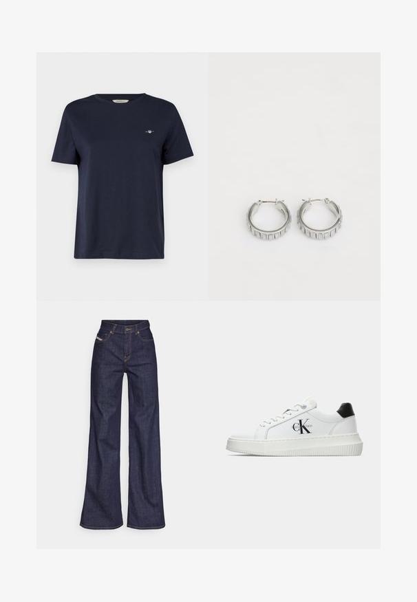 Navy blue cotton T-shirt with short sleeves, round neckline, featuring a small embroidered logo on the left chest. Smooth texture.; Dark blue wide-leg jeans in denim fabric with a high waist, featuring orange stitching, five-pocket design, and a button closure.; White low-top sneaker with black heel tab, platform sole, laces, and Calvin Klein "CK" logo on the side.; Silver hoop earrings with a textured design featuring vertical ridges. Circular shape with a secure latch closure. Smooth finish.