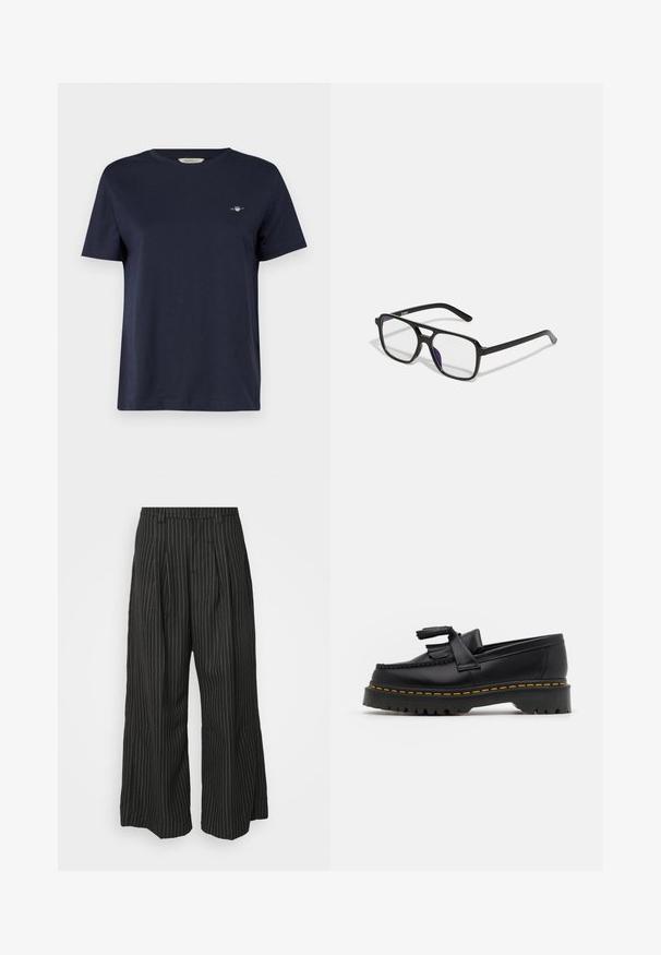 Kongedark blå bomulls T-skjorte med korte ermer og rund hals, med en liten brodert logo på venstre bryst. Jevn tekstur.; Svarte stripete vide bukser med folder, med en skreddersydd design og en myk tekstur. Ingen synlige detaljer eller aksenter.; Svart skinn loafers med en kvastdetalj, med en tjock svart sula och gul sömnad längs kanten. Texturerad yta.; Sorte rektangulære briller med klare linser og en subtil lilla tone, med slanke stenger og et minimalistisk design.