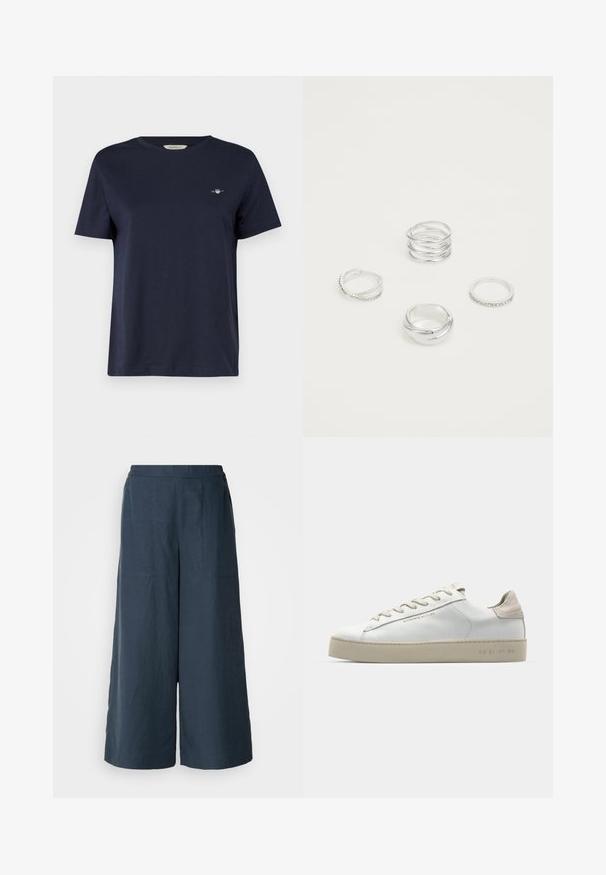 T-shirt en coton bleu marine à manches courtes, col rond, avec un petit logo brodé sur la poitrine gauche. Texture lisse.; Pantalons à jambes larges en bleu marine, fabriqués à partir d'un tissu léger. Dotés d'une surface légèrement texturée, d'une taille élastique et de coutures avant.; Sneaker en cuir blanc avec une finition lisse, accents en suède beige, bout arrondi, design à lacets plats et semelle en caoutchouc texturée.; Quatre bagues en argent de designs variés : bande torsadée, courbes superposées, cristaux délicats et une bande lisse avec de petits accents.