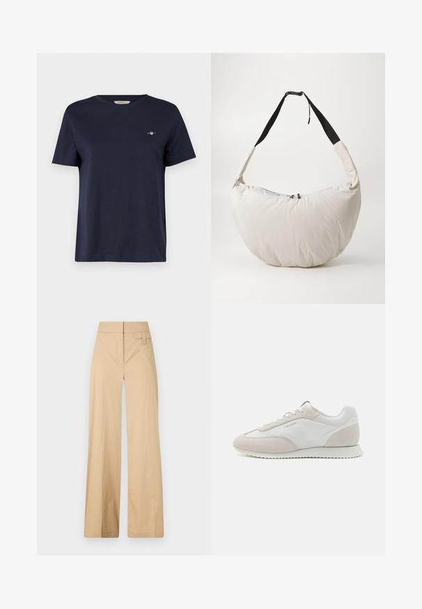 Marineblaue Baumwoll-T-Shirt mit kurzen Ärmeln, rundem Halsausschnitt, mit einem kleinen gestickten Logo auf der linken Brust. Glatte Textur.; Beige weite Hosen aus Baumwollmischgewebe. Sie haben eine glatte Textur, einen elastischen Bund und eine seitliche Knopfdetail.; Helle Sneaker aus einer Kombination von weißem Leder und beigem Wildleder, mit einer strukturierten Sohle und minimaler Markenkennzeichnung an der Seite.; Hellbeige gepolsterte Schultertasche mit einer geschwungenen, halbmondförmigen Form. Schwarzer Riemen, Reißverschlussverschluss und dezentes Logo auf der Vorderseite. Weiche Textur.