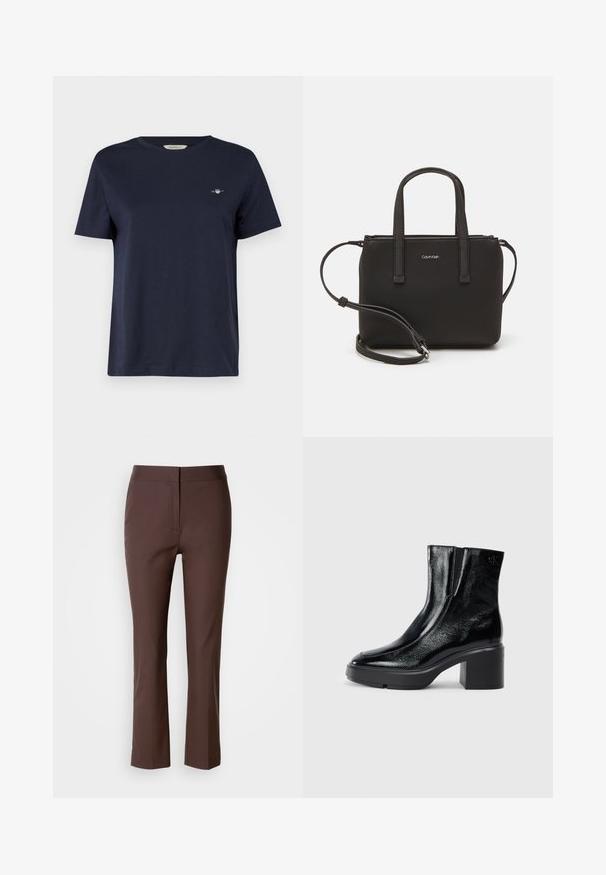 Camiseta de algodón azul marino con mangas cortas, cuello redondo, que presenta un pequeño logotipo bordado en el pecho izquierdo. Textura suave.; Pantalones marrones a medida con corte slim, que cuentan con un frente plano, sutiles bolsillos laterales y una tela suave y ligeramente elástica.; Botas de tobillo de charol negro con puntera curva, paneles laterales elásticos y un tacón ancho. Presentan un logo embosado en la parte posterior.; Bolso de mano negro con dos asas cortas y una correa de hombro removible. Material suave tipo cuero con cierre de cremallera y detalle del logo.
