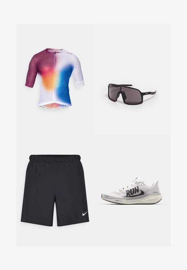 Kortslepet sykkeltrøye med mesh-design i en gradient av lilla, oransje og blå farger; glidelåsdetalj og trykt kantdetalj.; Svart sportskjørt laget av lett materiale med elastisk linning. Har en liten hvit Nike-logo nederst til venstre.; Hvit løpesko med mesh-overdel, stor svart "RUN" grafikk, lysegrå detaljer, og en polstret såle med "AIR 200M" merking.; Svarte rektangulære solbriller med mørke linser, bred ramme og slanke svarte armer. Har en logo på stengene. Glatt tekstur.