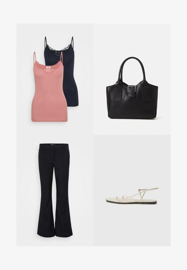 Dva topa bez rukava u ružičastoj i mornarsko plavoj boji, s čipkastim obrubom uz izrez. Tkanina je glatka i rastezljiva, s podesivim trakama.; Gina Tricot Tall RELAXED TROUSERS - Hlače - black; Bež sandala na ravnom potplatu s više tankih trakica i podesivom kopčom. Potplat je ravan s blagim tamnim kontrastom na rubu.; Crna kožna torba za nošenje s glatkom teksturom, strukturiranim oblikom, dvije ručke i istaknutim srebrnim kopčanjem na prednjoj strani.