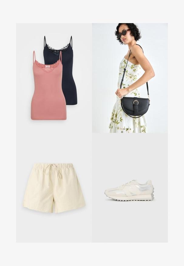 Divi topi rozā un tumši zilā krāsā, ar mežģīņu apdari ap kakla izgriezumu. Audums ir gluds un elastīgs, ar regulējamām siksnām.; Bežīgas šortas ar elastīgu jostu un saites ierīci, ar brīvu piegriezumu un gludu tekstūru. Nav redzamu kabatu vai rakstu.; Zemu profilu krēmkrāsas un sudraba sporta apavi ar šņorēm un teksturētu zoli, skatīti no sāniem pret vienkrāsainu baltu fonu.; Melnas ādas rokassoma ar izliekta formu, noņemamu siksnu un zelta aksesuāriem. Somai ir vāciņš ar sprādzes detaļu.