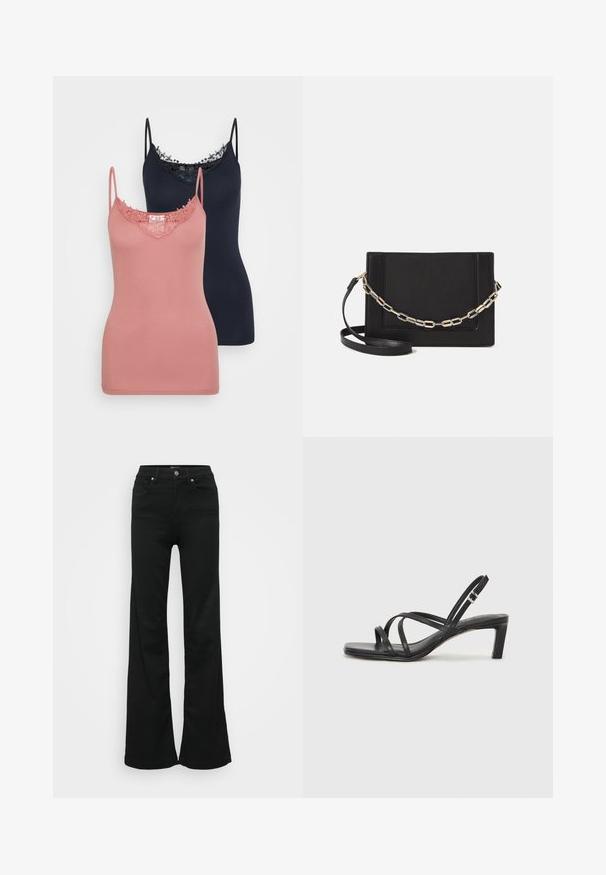 To tope i rosa og marineblå, med blonderdetaljer langs halsen. Stoffet er glatt og elastisk, med justerbare stropper.; Svarte utsvingte jeans laget av denim, med høy midje, fem lommer og metallknapplukking. Glatt tekstur med minimal detaljering.; Sorte sandaler med stropper, firkantet tå og lav blokk hæl. Har flere tynne stropper og en justerbar ankelstropp. Laget av glatt lær.; Svart lær crossbody-veske med glatt tekstur, rektangulær form og metallkjede detaljer på framsiden. Justerbar stroppe inkludert.