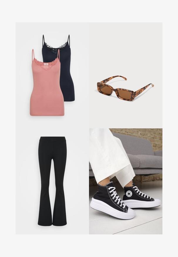 Dwa topy bez rękawów w kolorze różowym i granatowym, z koronkowym wykończeniem wzdłuż dekoltu. Materiał jest gładki i elastyczny, z regulowanymi ramiączkami.; Czarne spódnice dzwonowe wykonane z elastycznego materiału, z wysokim stanem i gładką fakturą. Spodnie rozszerzają się od kolana.; Czarne trampki typu high-top z białą gumową podeszwą i sznurówkami. Posiadają okrągłą naszywkę z logo oraz kontrastujące białe przeszycia. Wykonane z materiału płóciennego.; Okulary przeciwsłoneczne w kolorze tortoishell z prostokątnymi brązowymi soczewkami, grubą oprawką i cienkimi zausznikami z wzorem w różnych odcieniach brązu.