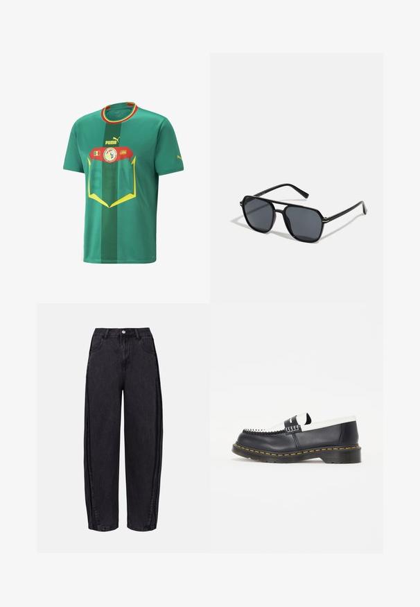 Zöld, rövid ujjú futballsapka, lélegző anyagból készült. Vízszintes csíkokkal, feltűnő grafikával, Puma logóval és országos emblémával rendelkezik.; Fekete, bő szárú farmernadrág sima textúrával. Magas derekú, elülső zsebekkel és gombos záródással a derék részen.; Fekete bőr mokaszin, fehér bőr díszítéssel. Díszvarrással és sárga kiemelésű gumitalppal rendelkezik. Lekerekített orrforma.; Fekete napszemüveg nyolcszögletű kerettel, sötét lencsékkel, fényes felülettel, vékony szárakkal és arany díszítéssel az elülső részén.