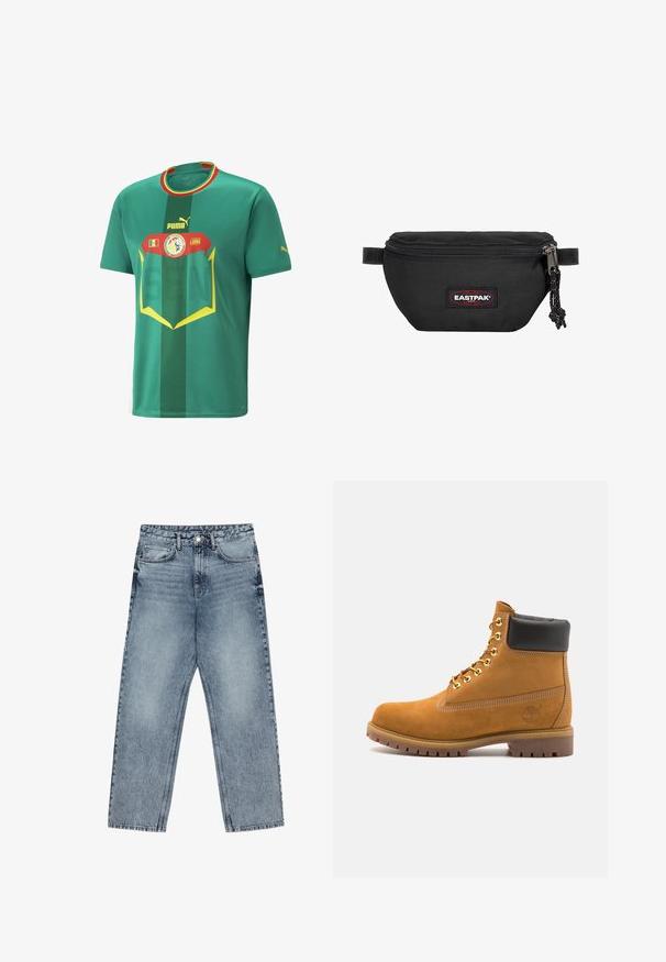 Zielony koszulka piłkarska z krótkim rękawem, wykonana z oddychającego materiału. Posiada poziome paski, wyraziste grafiki, logo Puma oraz godło narodowe.; Jasnoniebieskie dżinsy z prostymi nogawkami, widocznym przeszyciem, pięcioma kieszeniami oraz zapięciem na guzik w talii.; Beżowe zamszowe botki sięgające kostki z czarną wyściełaną krawędzią, złotymi oczkami, białymi detalami szycia oraz wytrzymałą gumową podeszwą z wyraźnym bieżnikiem.; Czarna nerka wykonana z trwałego materiału, z zamkiem błyskawicznym, regulowanym paskiem i czerwono-czarną naszywką z logo na przodzie.