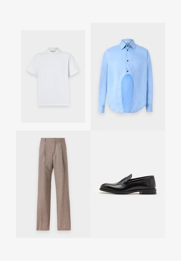 Valge puuvillane polo särk, mis on varustatud klassikalise krae, lühikeste varrukate ja kolmeknöpplise säärega. Sile tekstuur, ilma mustriteta.; Heledsinine pikkade varrukatega särk, millel on terav krae, mustad nupud ja ainulaadne lõige ees eristuva disaini jaoks.; Prunnid, kõrge vöökohaga püksid, mis on valmistatud tekstureeritud kangast. Omavad laiu jalgu ja kahte eesmist voldikut struktuuri jaoks. Korralik viimistlus, ilma nähtava riistvarata.; Mustad mustad nahast loafers sileda tekstuuriga, ümarat ninaosa ja dekoratiivne riba vampi üle. Madal kihiline konts, minimalistlik disain.
