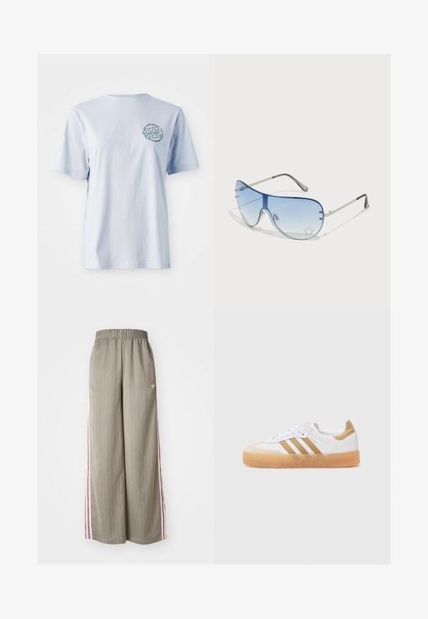 Gaiši zils kokvilnas t-krekls ar īsām piedurknēm, ar apļu grafisku logotipu tumši zilā krāsā kreisajā krūšu daļā.; Gai olivu zaļas plata kāju bikses ar vertikālām svītrām, elastīgu jostasvietu un rozā sānu svītrām. Iekļauts mazs logo uz gurniem.; Baltie sporta apavi ar beigžu akcentiem, ar trim svītrām, noapaļota purngala daļa un caurspīdīga gumijas zole. Gluda ādas un tekstila materiālu kombinācija.; Pilotstila saulesbrilles ar gradienta zilām lēcām, sudraba metāla rāmjiem un dekoratīvām zvaigžņu akcentiem uz lēcām. Gluda un eleganta dizaina.