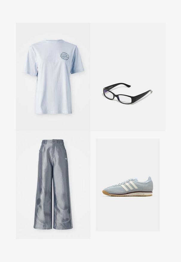 Svetlo modra bombažna majica s kratkimi rokavi, ki vsebuje krožni grafični logo v temno modri barvi na levi strani prsnega dela.; Hlače širokega kroja iz sijočega sivega materiala, z belimi bočnimi črtami in vzorcem ognjene na spodnjem delu nogavic. Zapenjanje z gumbom in zadrgo v predelu pasu.; Svetlo modri semiš copati s belimi tremi črtami, gumijastim podplatom in teksturirano mrežico. Imajo gladek pokrov prstov in blagovno znamko na peti.; Črne pravokotne očala z prozornimi lečami. Sijajna površina, ožje ročke in vijolična barva, vidna na robovih leč.