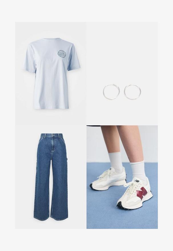 Světle modré bavlněné tričko s krátkým rukávem, s kruhovým grafickým logem v tmavě modré barvě na levé části hrudníku.; Široké modré džíny s vysokým pasem, kontrastním šitím a postranními kapsami, které mají klasický design s pěti kapsami a rozstřižené lemy.; Pár bílých tenisek s vínovými akcenty, texturovanými panely, plochou černou podrážkou a světlými tkaničkami, nošené s bílými kotníkovými ponožkami.; Stříbrné kruhové náušnice s elegantním, kulatým designem, s hladkým povrchem a bez viditelných ozdob. Průměr není specifikován.