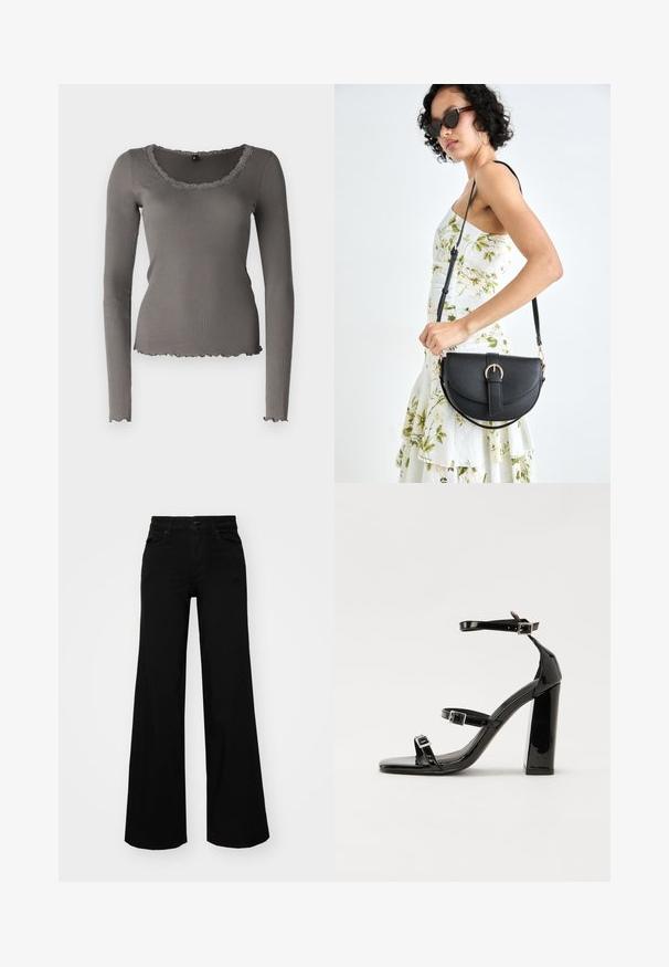 Gray long-sleeved top with ribbed texture, scalloped hem and neckline, featuring a rounded neck and fitted silhouette.; Black wide-leg pants made of denim, featuring a structured waistband, belt loops, and front pockets. Smooth texture with a classic design.; Black patent heeled sandals with a square toe, ankle straps, and silver buckles. Features a chunky block heel for stability.; Black leather handbag with a curved shape, detachable strap, and gold hardware. The bag features a flap with a buckle detail.