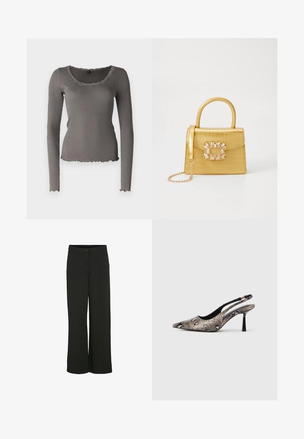 Grijs langgemouwen top met ribbeltextuur, golvende zoom en halslijn, met een ronde hals en een aansluitende pasvorm.; Zwarte broek met wijde pijpen van een gladde stof. Voorzien van een sluiting met een knoop aan de voorkant en twee zijzakken. Rechte snit zonder versieringen.; Puntige slingback schoenen van textuur leer met slangenprint, met een slanke zwarte hak en een uitgesneden ontwerp aan de zijkanten.; Geel faux-krokodillenhandtas met een gestructureerd ontwerp, bovenhandvat, afneembare kettingriem en decoratieve kristallen versiering op de sluiting.; Zwarte hars bangle armband met een gladde, glanzende oppervlakte en ronde randen. Bevat een klein goudkleurig "Pilgrim" logo aan de binnenzijde.