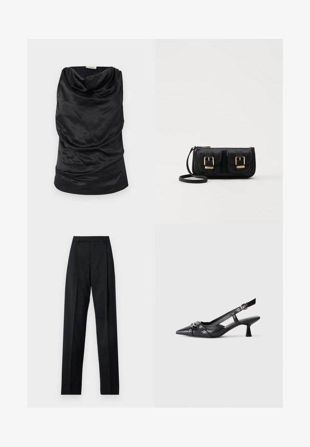 Čierny top s kapucňou vyrobený z hladkej látky, s drapériou, jemnou textúrou a priliehavým strihom. Bezšvový finiš na leme.; Čierne nohavice vyrobené z hladkej látky s vysokým pásom, širokými nohavicami, prednými záhybmi a klasickými pútkami na opasok. Žiadne bočné vrecká nie sú viditeľné.; Čierne kožené slingback topánky s špicatou špičkou, ozdobnými popruhmi s kovovými očkami a nízkym blokovým podpätkom. Textúrovaný povrch.; Čierna kožená crossbody taška s dvoma prednými vreckami, zlatými sponami, zipsovým uzatváraním a úzkym popruhom. Štruktúrovaný povrch a kompaktný obdĺžnikový tvar.