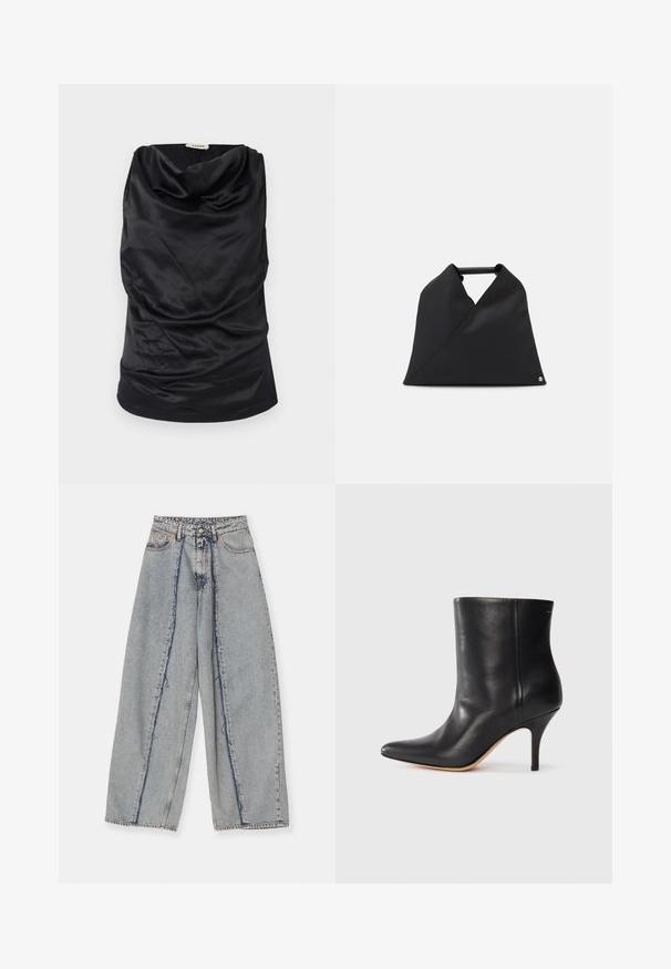Black cowl neck top made of smooth fabric, featuring draped design, soft texture, and a fitted silhouette. Seamless finish along the hem.; Light blue wide-leg jeans with frayed edges, a high waist, and contrasting seams. Made of denim, showcasing a relaxed fit and minimal distressing.; Black leather ankle boot with pointed toe, slim stiletto heel, and smooth texture. Minimalist design with no visible hardware or accents.; Black leather bag featuring an asymmetrical design with a textured surface. It has a simple handle and a subtle logo accent.