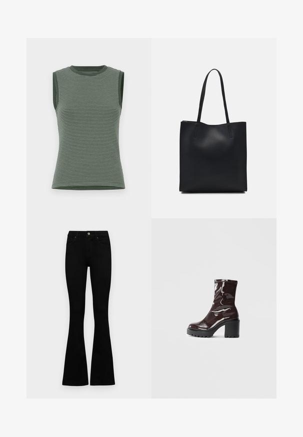 Bezrukávový top v tlmenej zelenej farbe, s horizontálnymi pruhmi, rebrovanou textúrou a okrúhlym výstrihom s kontrastnými lemami na priehlavkoch.; Čierne vysoké nohavice s gombíkom a zipsom, predné vrecká a rozšírené nohavice položené na bielom pozadí.; Lesklé burgundské kotníkové boty s robustním černým podpatkem, s hladkou strukturou a jednoduchým designem. Bez viditelných zapínání nebo vzorů.; Čierna kožená taška na rameno s hladkým povrchom, obdĺžnikovým tvarom a dvoma dlhými uchami. Bez viditeľného kovania alebo ozdôb.